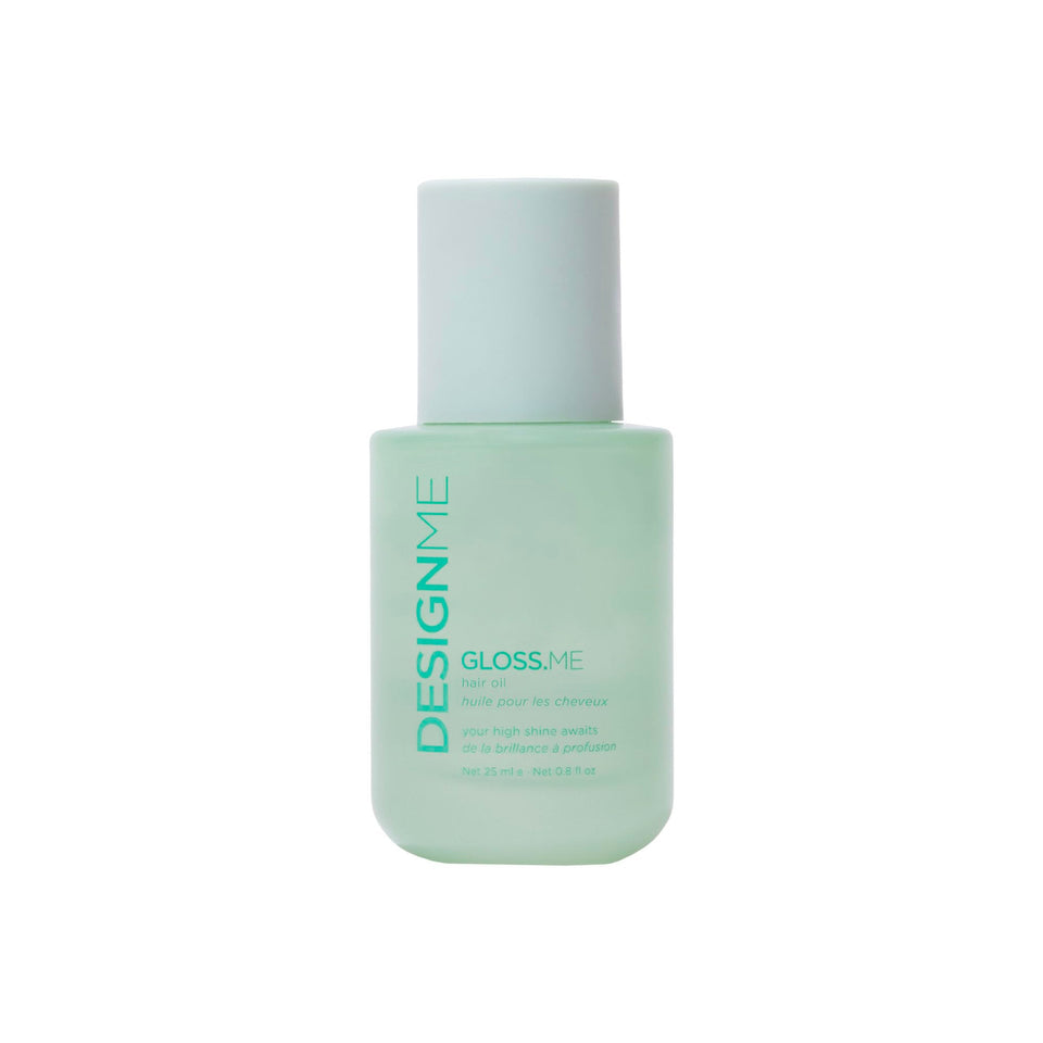 Design.Me Gloss.Me front bottle view showing compact travel-ready design and shine boost
