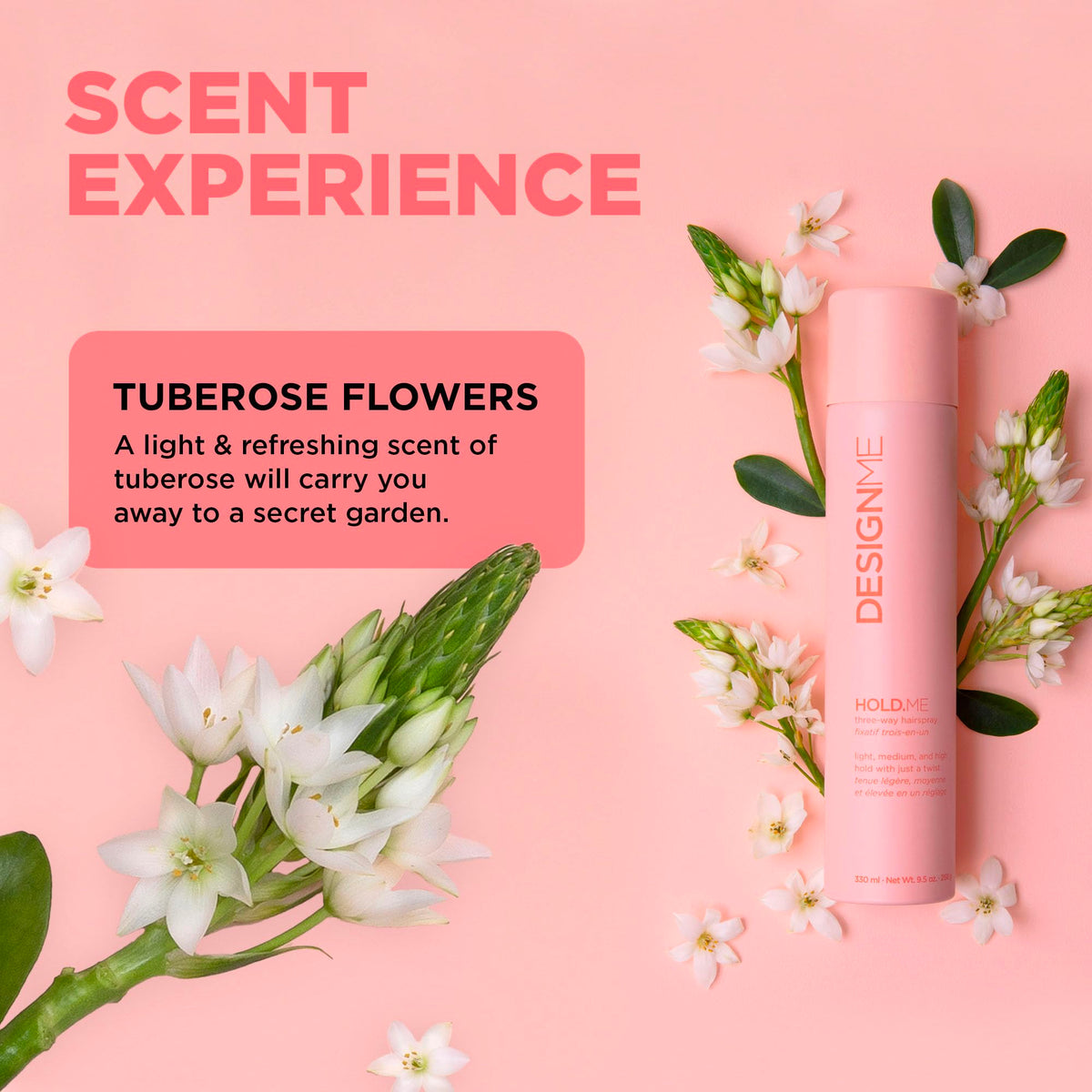 Design.Me hairspray holding a styled updo in place, illustrating strong yet touchable hold