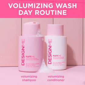 Design.Me PUFF.ME in-shower application showing quick detangling and rinse benefits