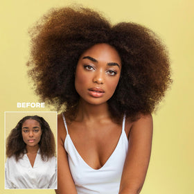 Design.Me lifestyle shot of curly-haired person showing natural bounce and confidence