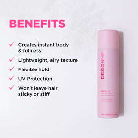 Design.Me texture mist in hand indicating lightweight airy finish