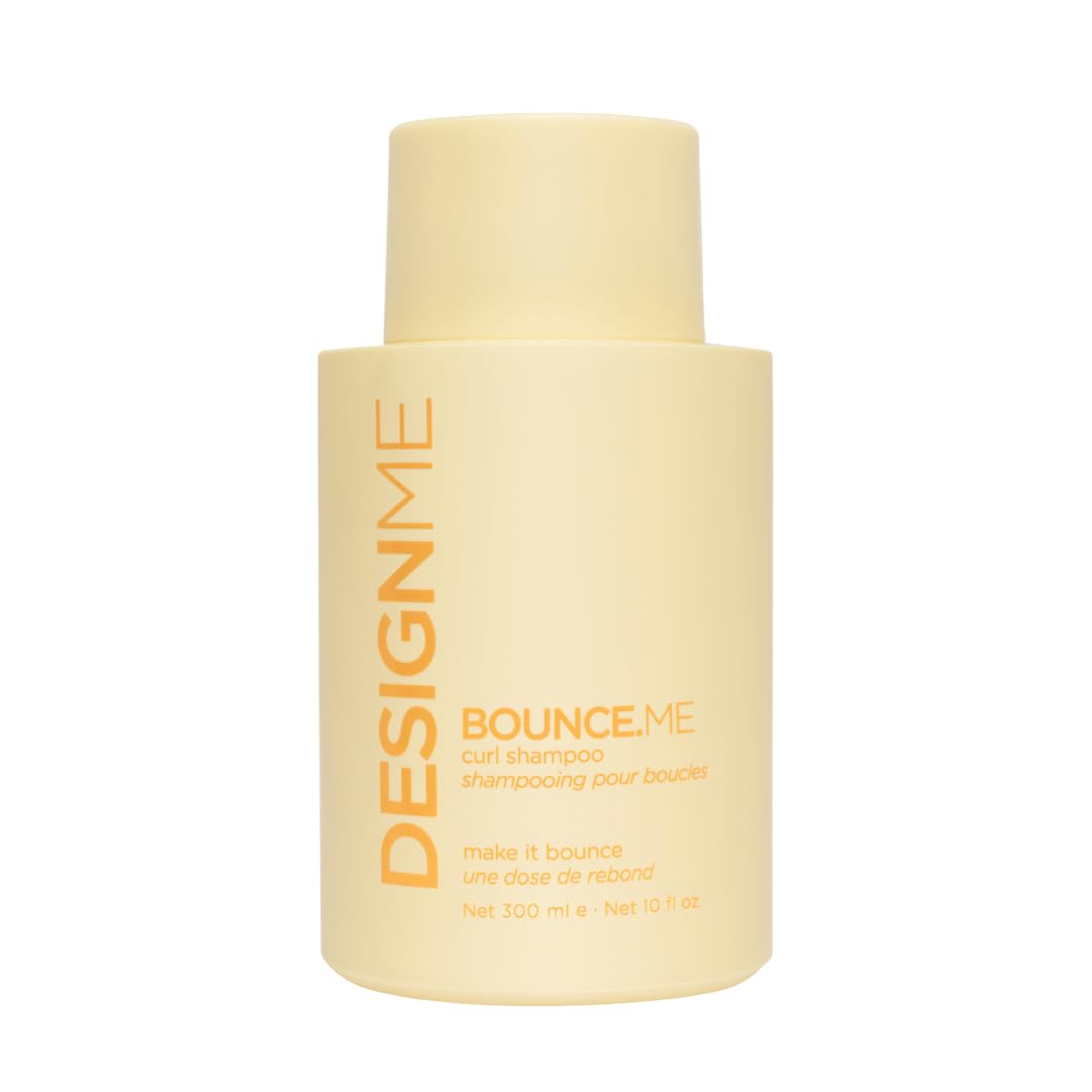 Design.Me front bottle view shows curl-focused shampoo and clean packaging benefit