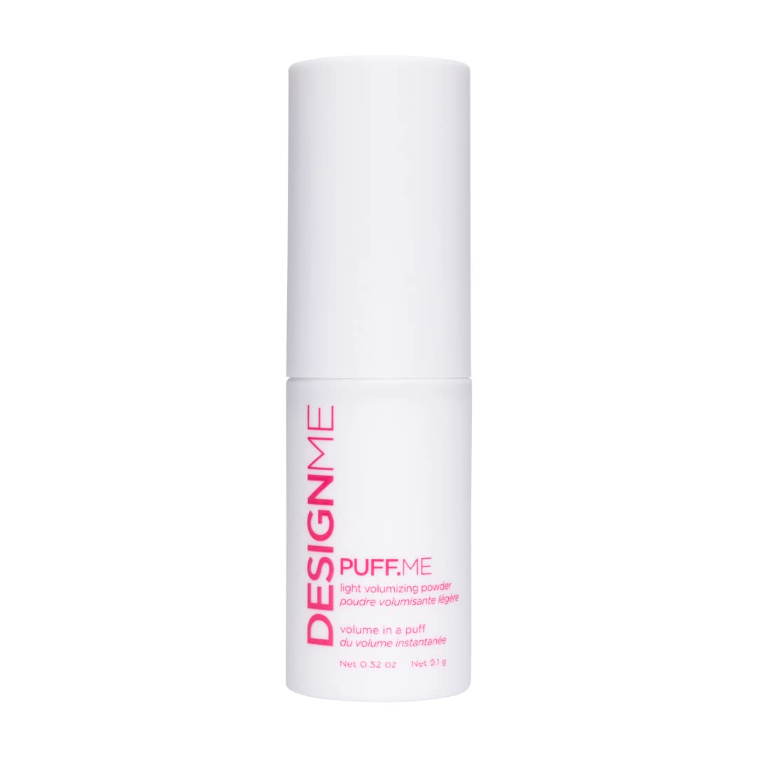 Design.Me PUFF.ME front packaging showing compact volumizing powder bottle and label benefit