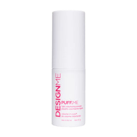 Design.Me PUFF.ME front packaging showing compact volumizing powder bottle and label benefit