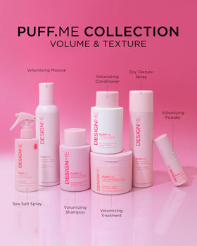 Design.Me PUFF.ME in a beauty bag on a counter — effortless on-the-go texture