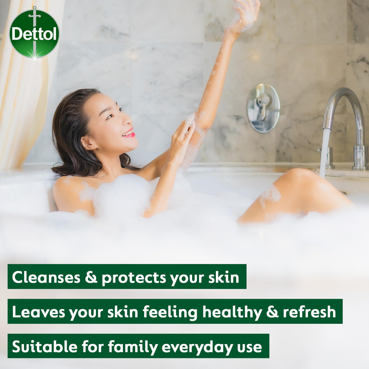 Close-up of Dettol Gold gel texture on hand, brand shows gentle moisturizing feel