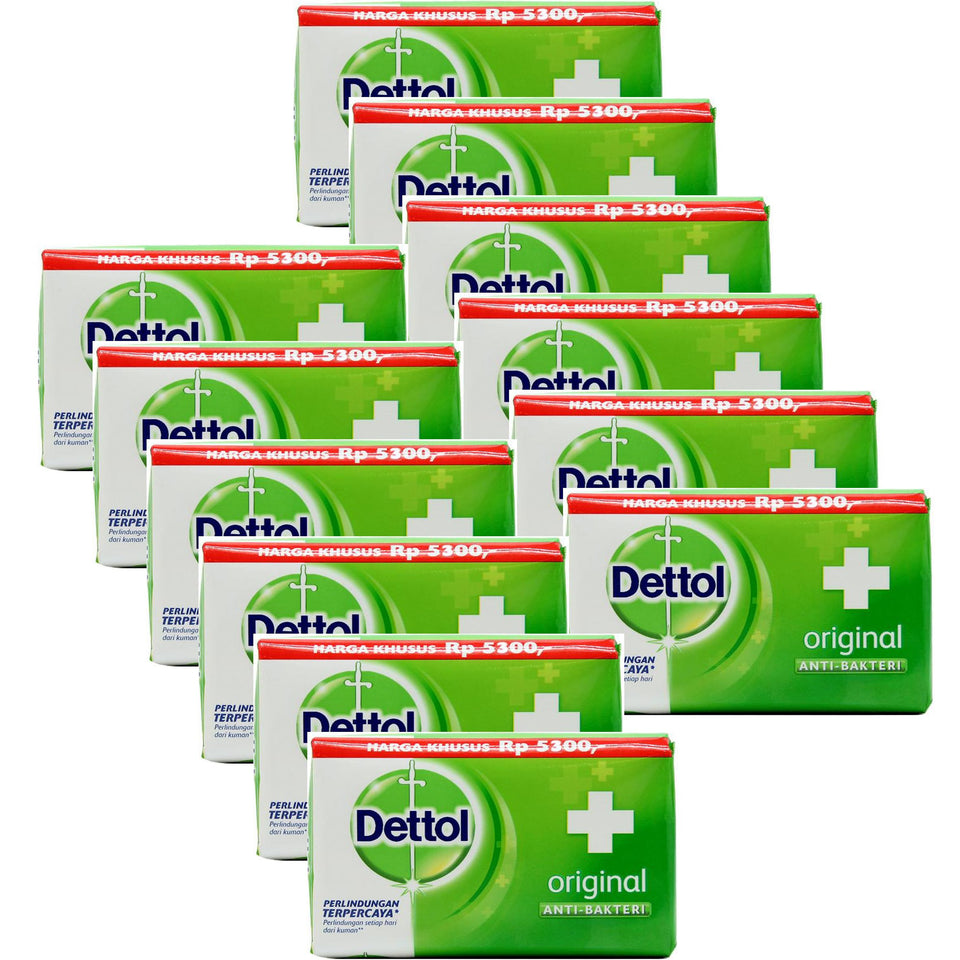 Dettol original front packaging showing 12 individually wrapped bars and clear branding for easy storage