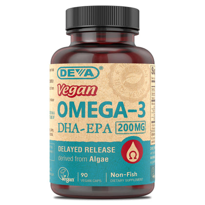 DEVA front packaging showing 90 vegan omega-3 capsules and product benefits