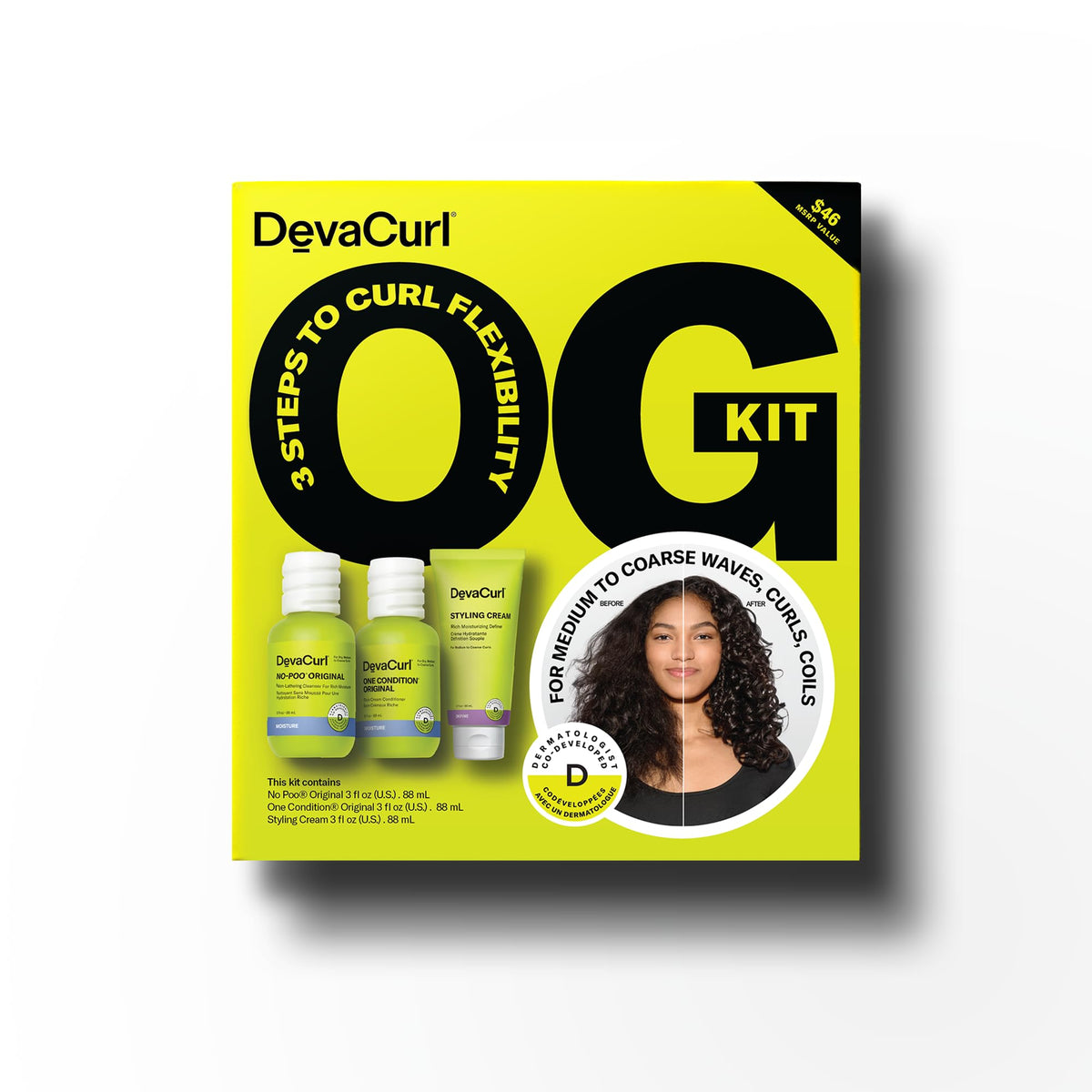 DevaCurl routine staged in bathroom demonstrating easy at-home curl care