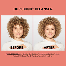 Close-up of DevaCurl CurlBond label highlighting Patented CurlBond Complex benefits