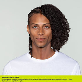 DevaCurl No-Poo in hand being applied to wet curls for gentle cleansing
