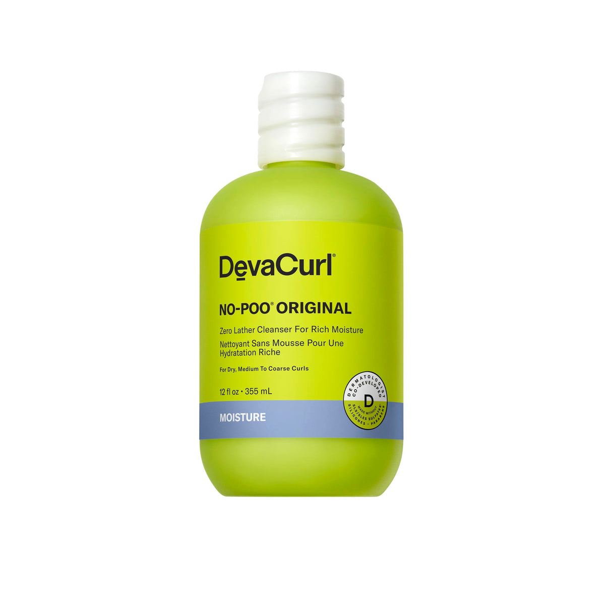 DevaCurl No-Poo Original front bottle showing product and size for quick identification and benefit