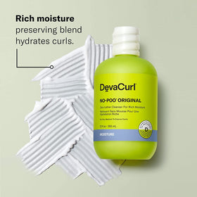 DevaCurl No-Poo Original pour and creamy texture demonstrating slip for easier detangling