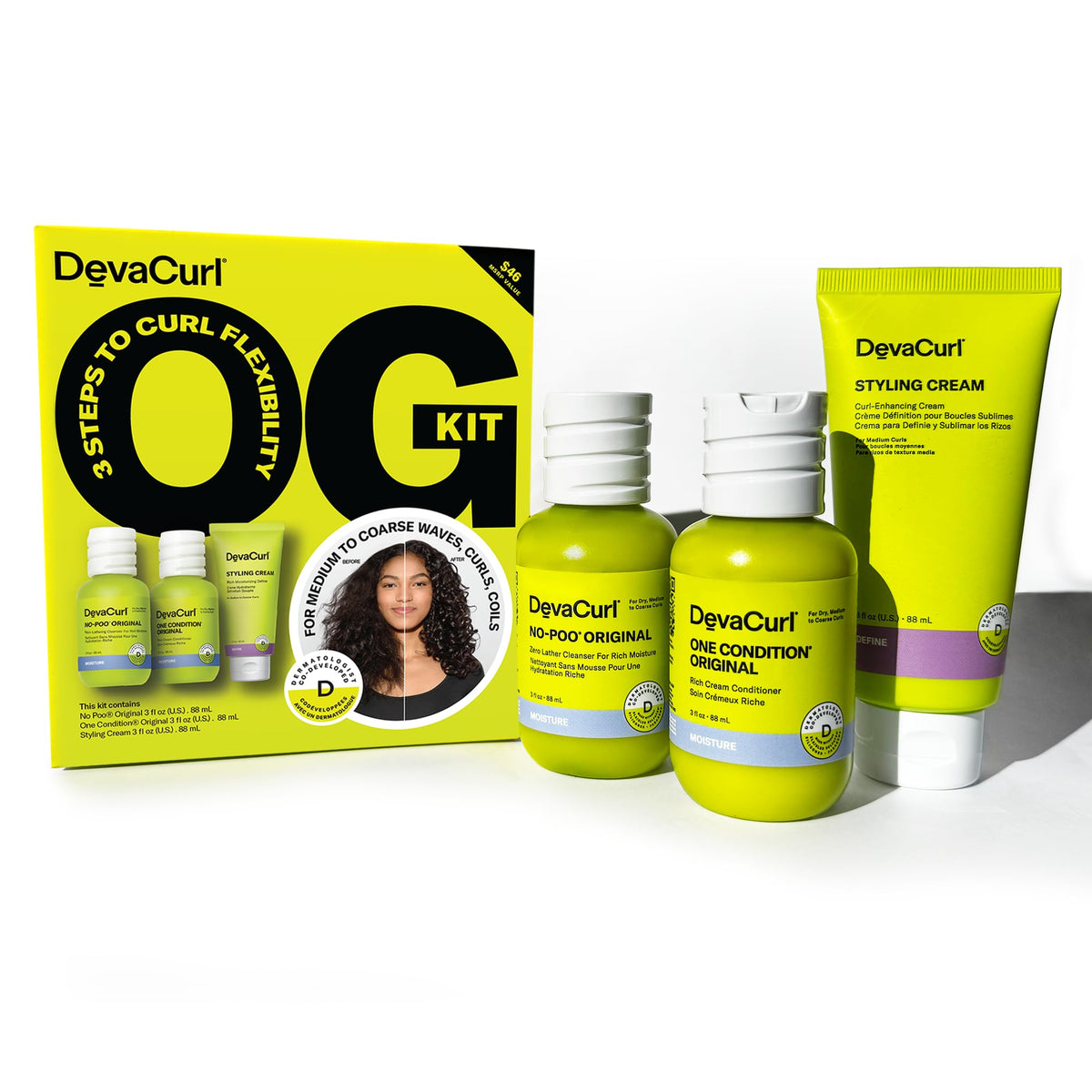 DevaCurl OG Kit front packaging showing all three travel bottles and branding benefits