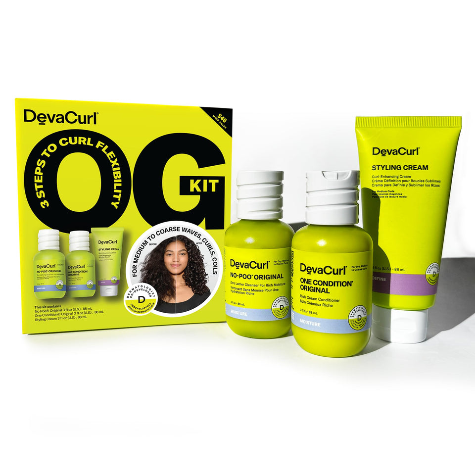 DevaCurl OG Kit front packaging showing all three travel bottles and branding benefits