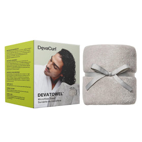 DevaCurl towel front view showing full gray wrap and size benefit