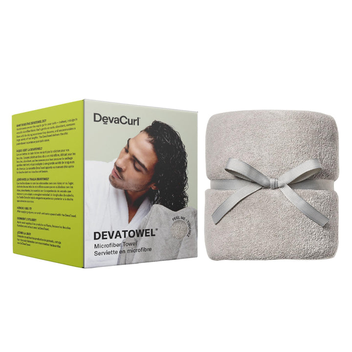 DevaCurl towel front view showing full gray wrap and size benefit