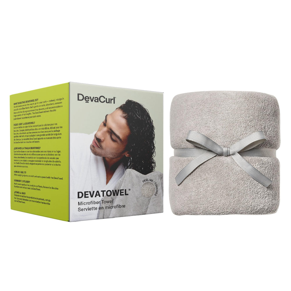DevaCurl towel front view showing full gray wrap and size benefit