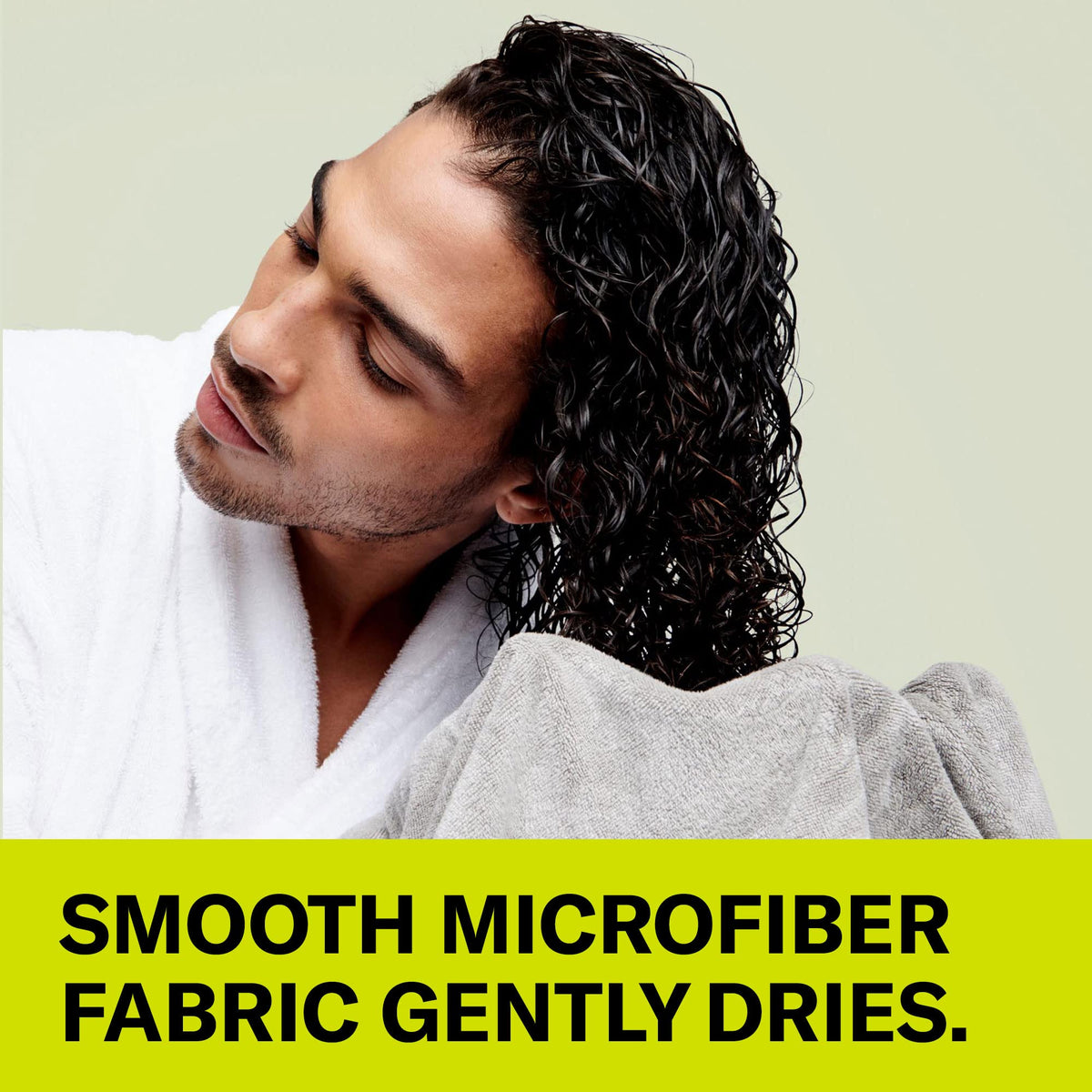 DevaCurl towel wrapped on curly hair demonstrating gentle drying benefit
