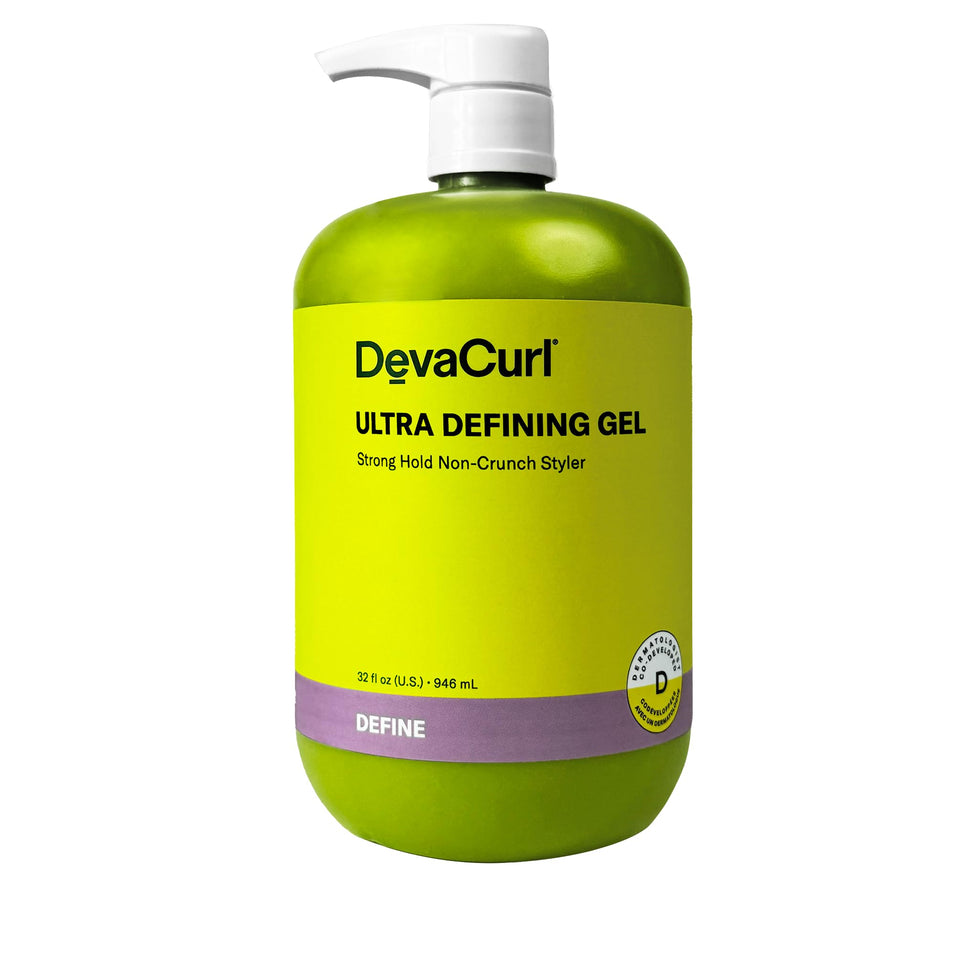 DevaCurl front packaging of Ultra Defining Gel showing bright breeze label and size for easy identification