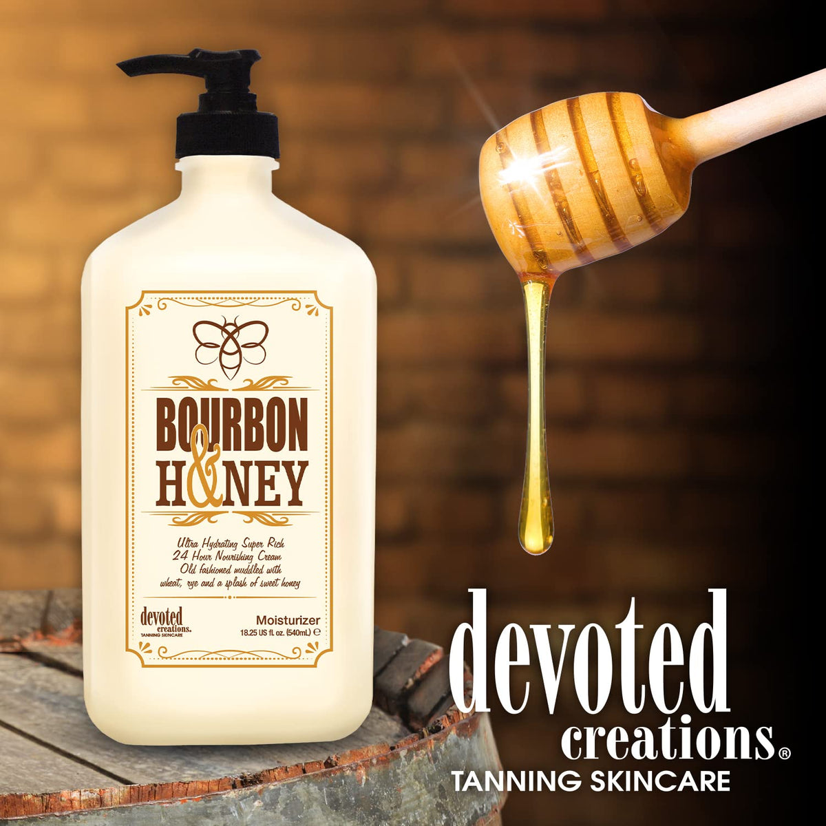 Devoted Creations bourbon & honey jar held in hand to show 18.25 oz scale and value