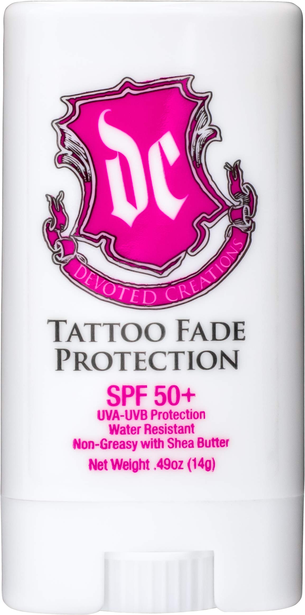 Devoted Creations front packaging view showing compact SPF 50+ stick protecting tattoos