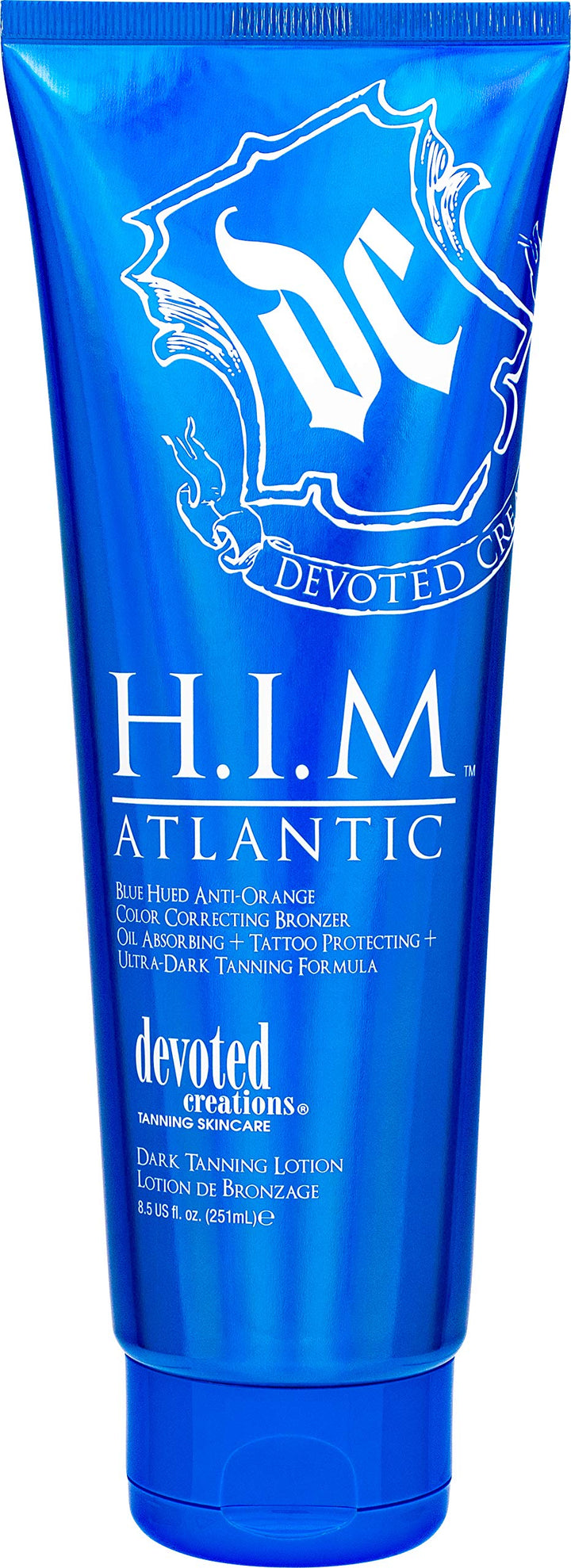 Devoted Creations H.I.M Atlantic front bottle showing label and blue bronzer benefits