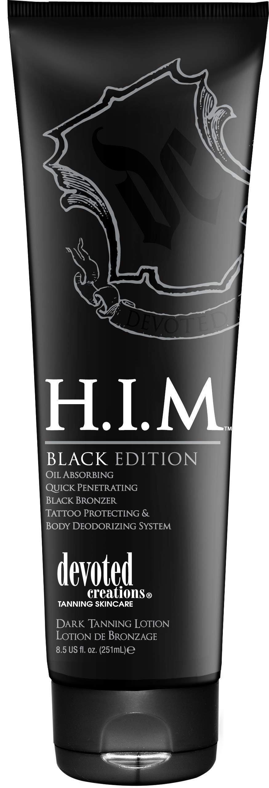 Devoted Creations H.I.M. Black Edition bottle front view shows bronzer finish and easy application benefit