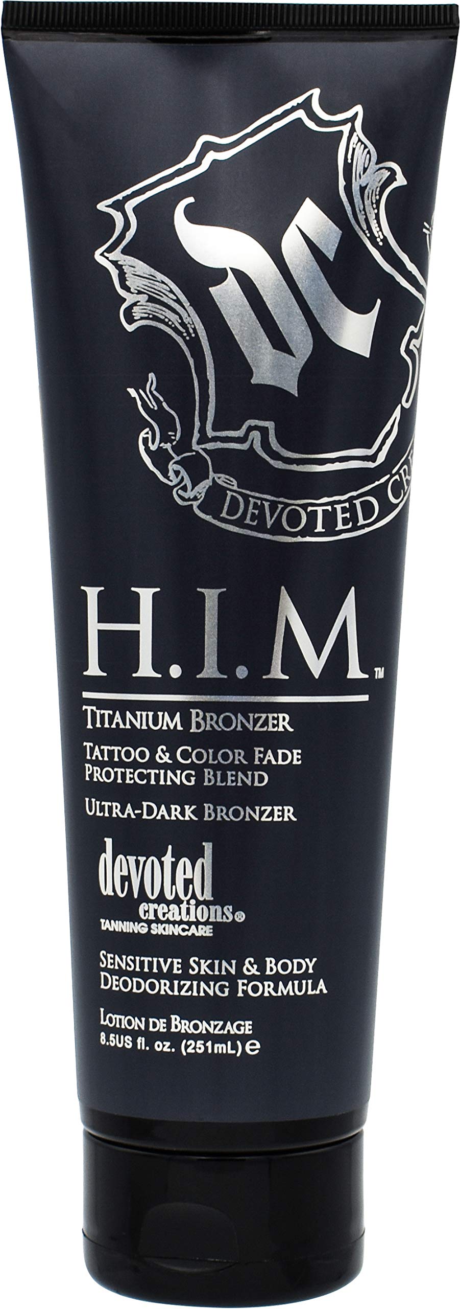 Devoted Creations H.I.M. Titanium bronzer tube front shows lightweight tube for easy even application