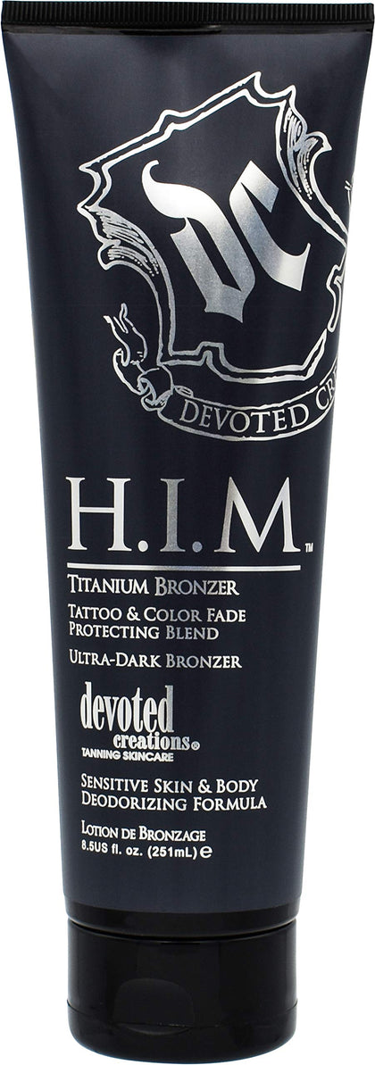 Devoted Creations H.I.M. Titanium bronzer tube front shows lightweight tube for easy even application