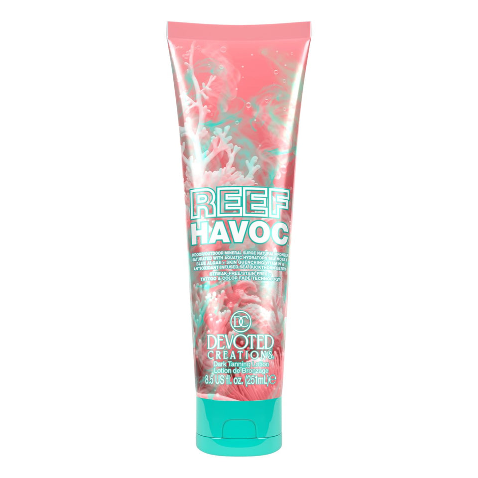 Devoted Creations front packaging showing bronzing lotion and clear branding benefit: instant natural color