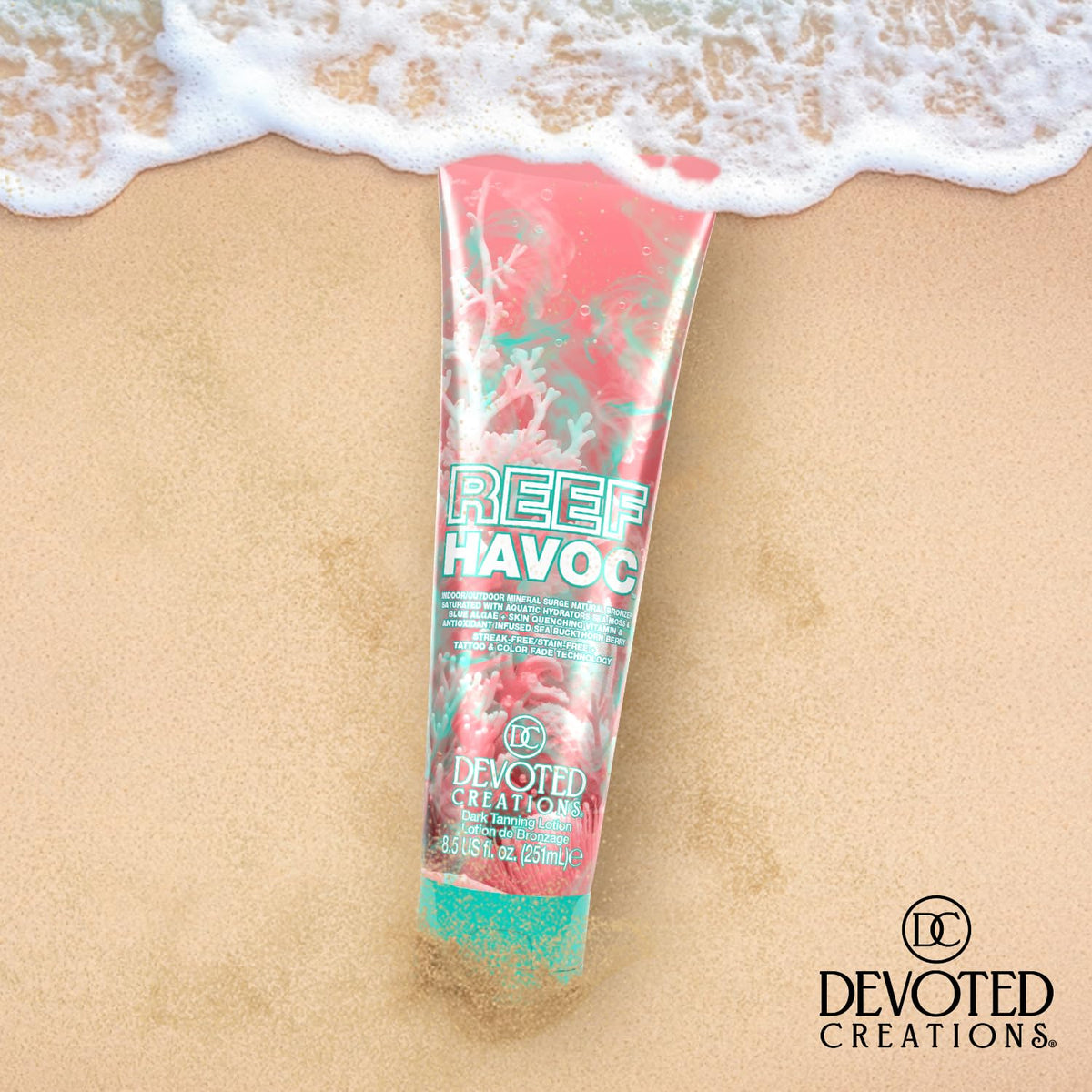 Devoted Creations ingredients display sea moss and blue algae emphasizing hydrating benefits