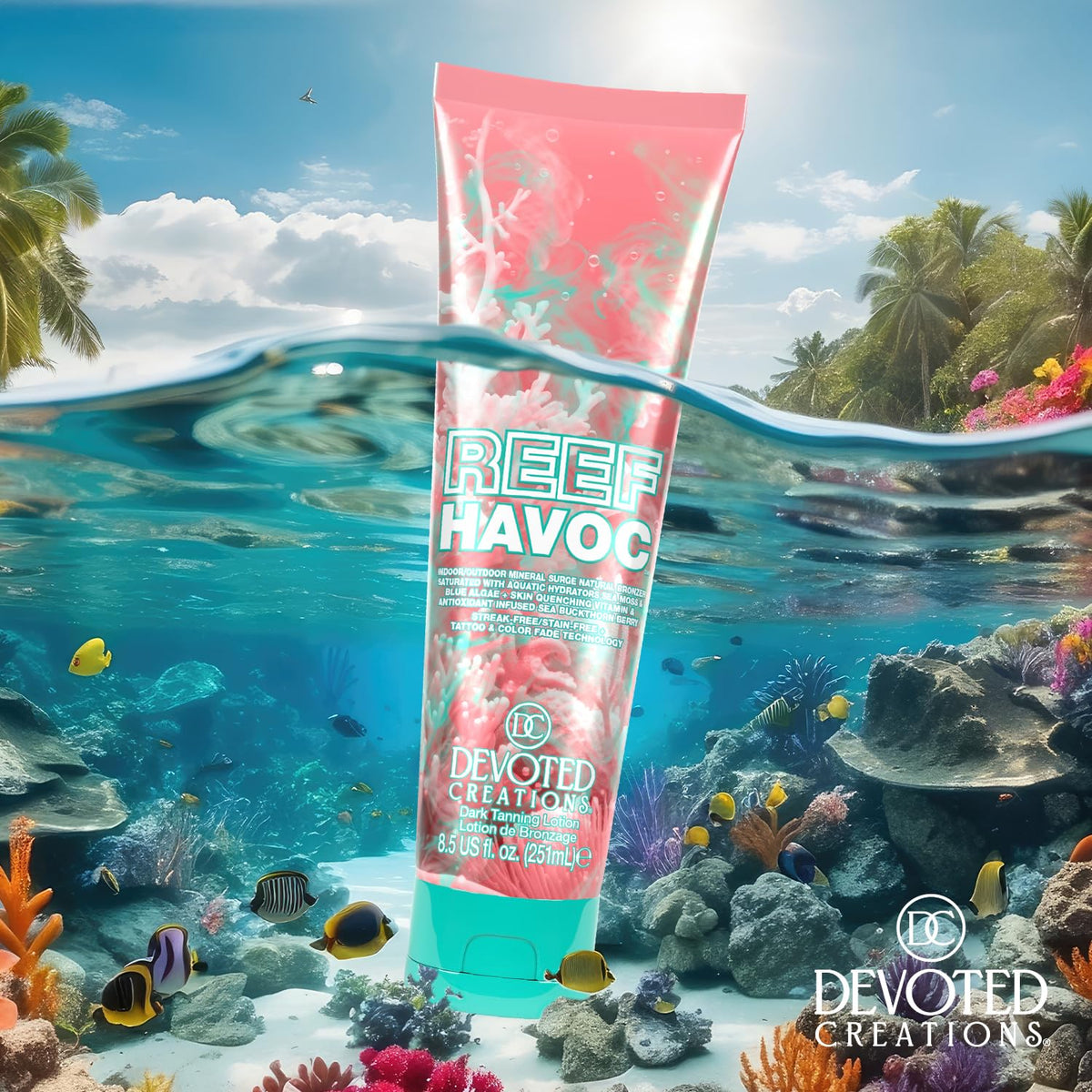 Devoted Creations bottle next to common items to show size and travel-friendly convenience