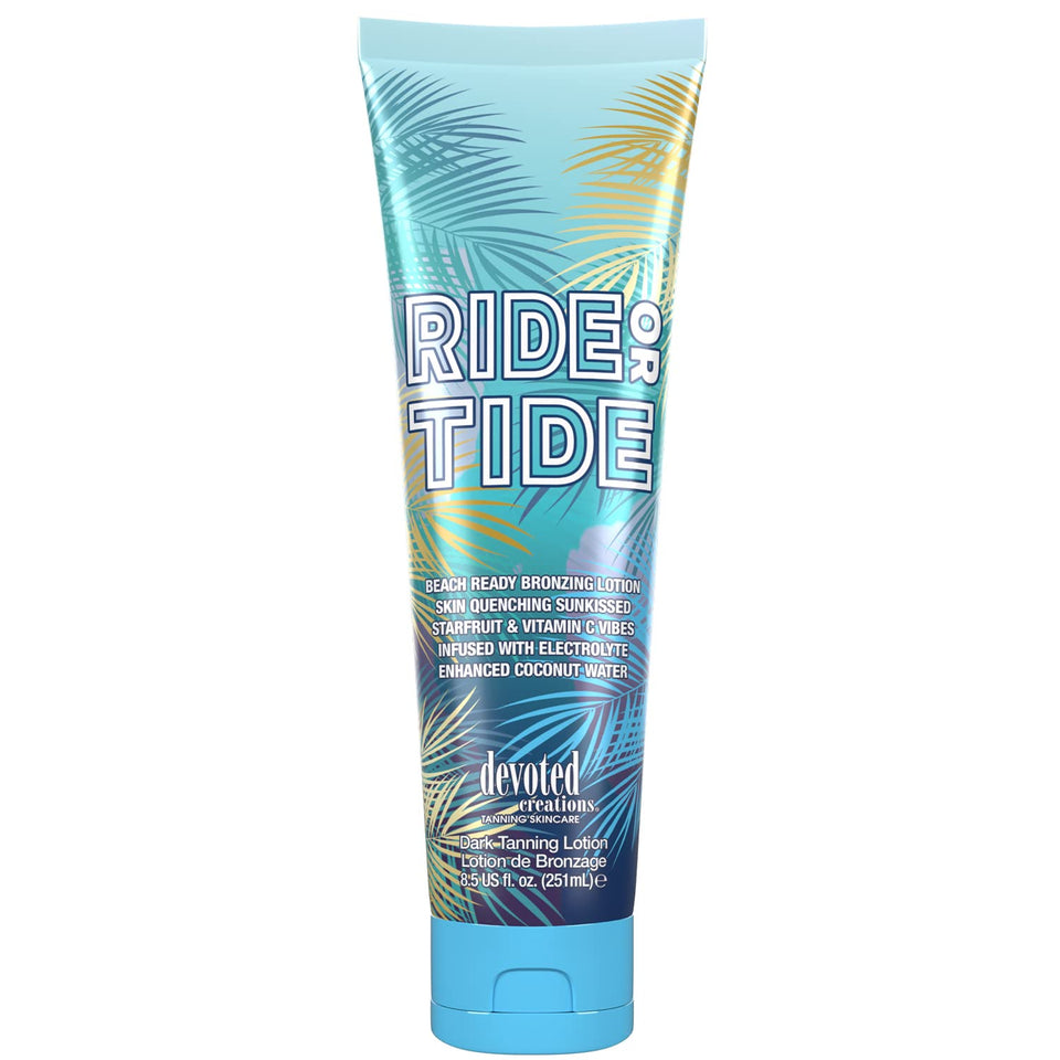 Devoted Creations front packaging showing bronzing lotion tube and label benefit