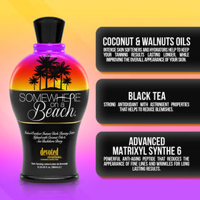 Devoted Creations bottle in a beach bag, suggesting portability and tropical scent