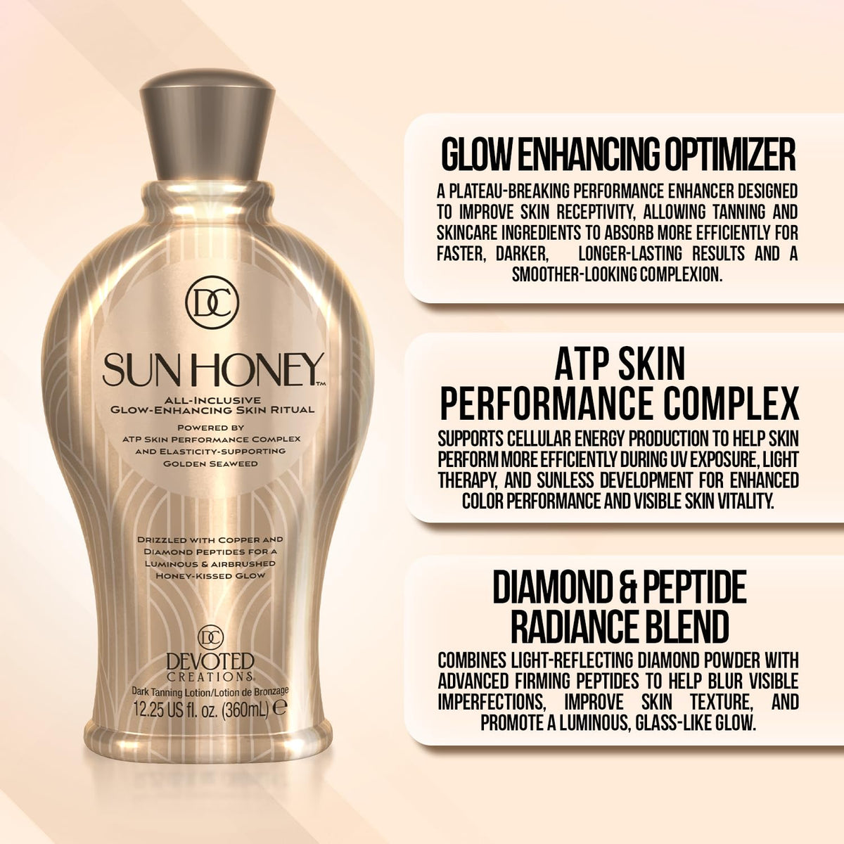Devoted Creations bottle on beach towel portraying sun-ready luminous skin benefit