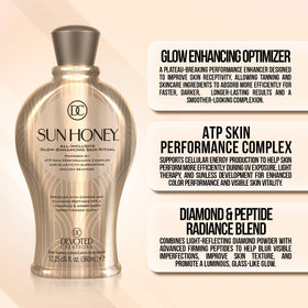 Devoted Creations bottle on beach towel portraying sun-ready luminous skin benefit