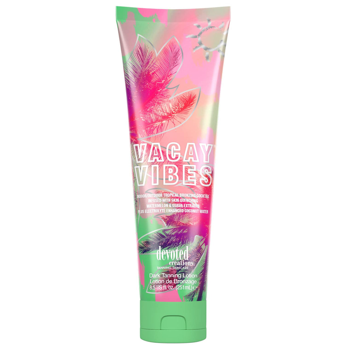 Devoted Creations Vacay Vibes front packaging showing label and 8.5 oz size for quick identification and benefit