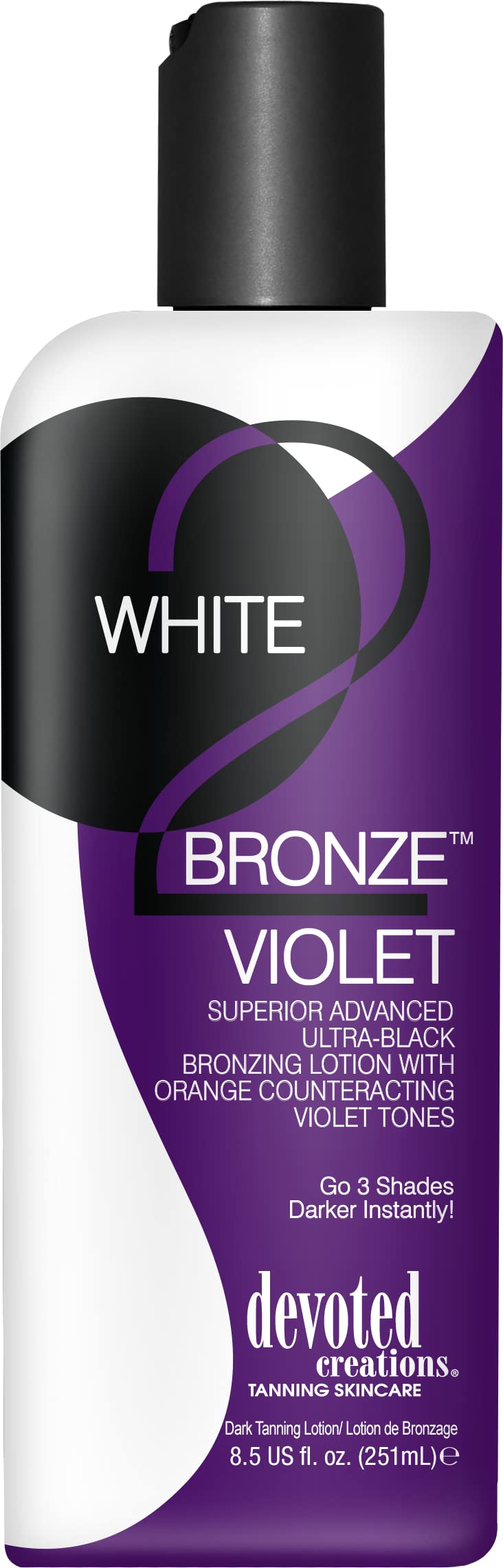 Devoted Creations bottle front label showing product name and ultra-dark bronzer benefits