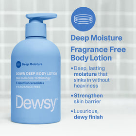 Dewsy lotion beside Down Deep HA Body Serum illustrating layered routine benefits