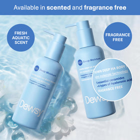 Close-up ingredient graphic of Dewsy hyaluronic acids and ceramides, communicates multi-depth moisture