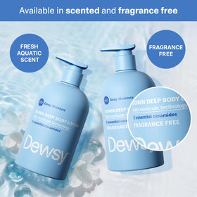 Dewsy lotion spread on arm illustrating quick absorption and hydrated skin look