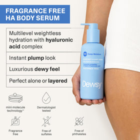 Dewsy pump and label close-up highlighting ingredients and usage convenience