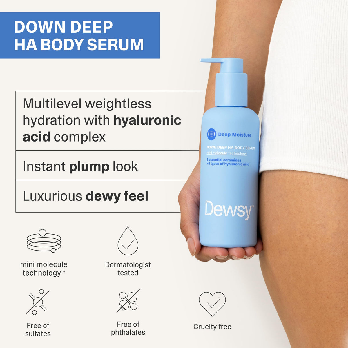 Dewsy pump dispensing jelly-soft serum texture, demonstrating quick absorption benefit