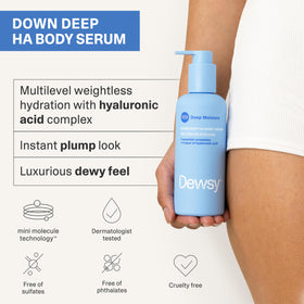 Dewsy pump dispensing jelly-soft serum texture, demonstrating quick absorption benefit