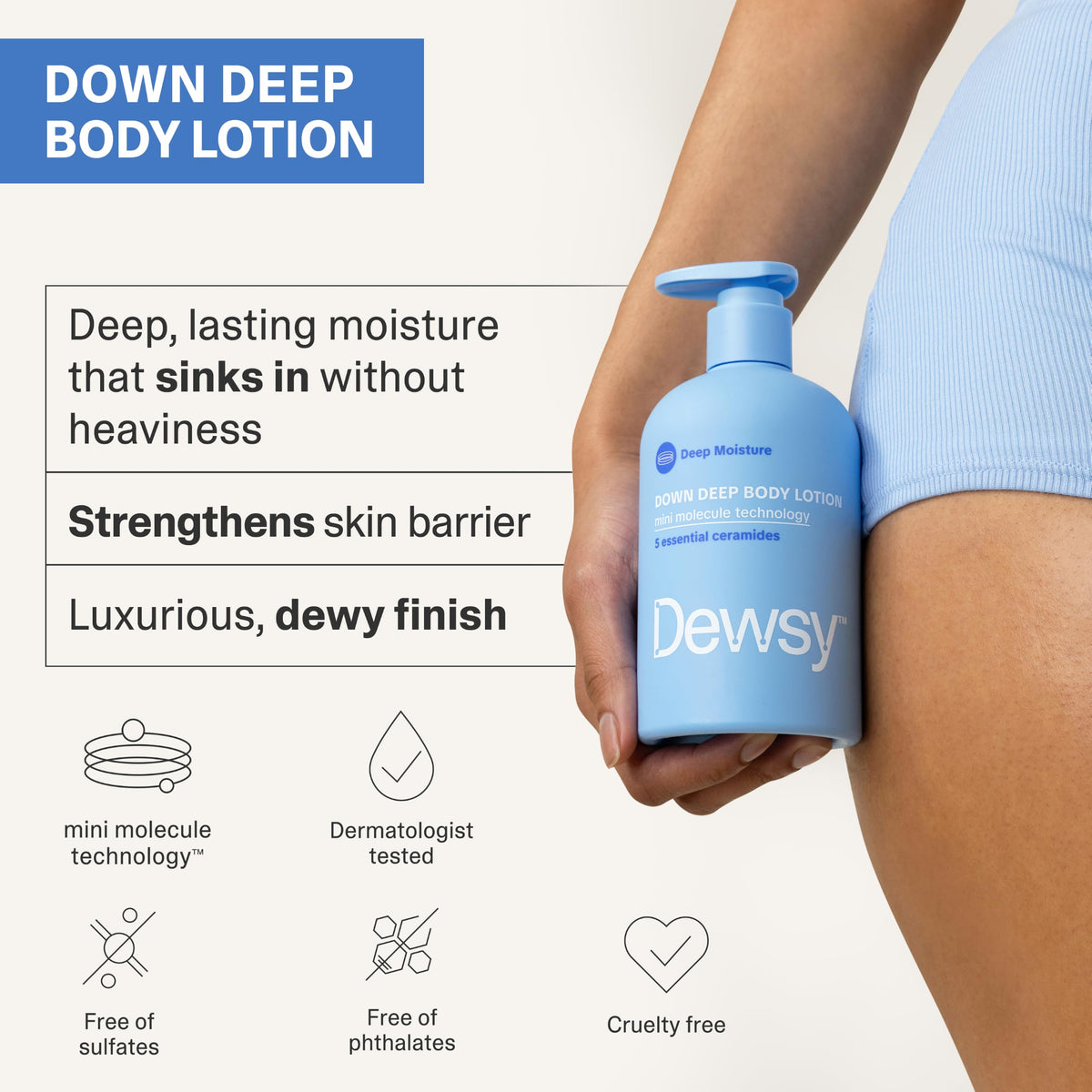 Dewsy texture close-up of lotion showing creamy fast-absorbing finish for smooth skin