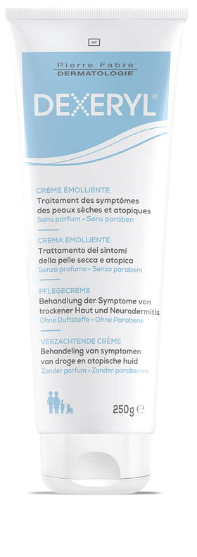 DEXERYL tub front view showing label and 250 g size for long-lasting hydration