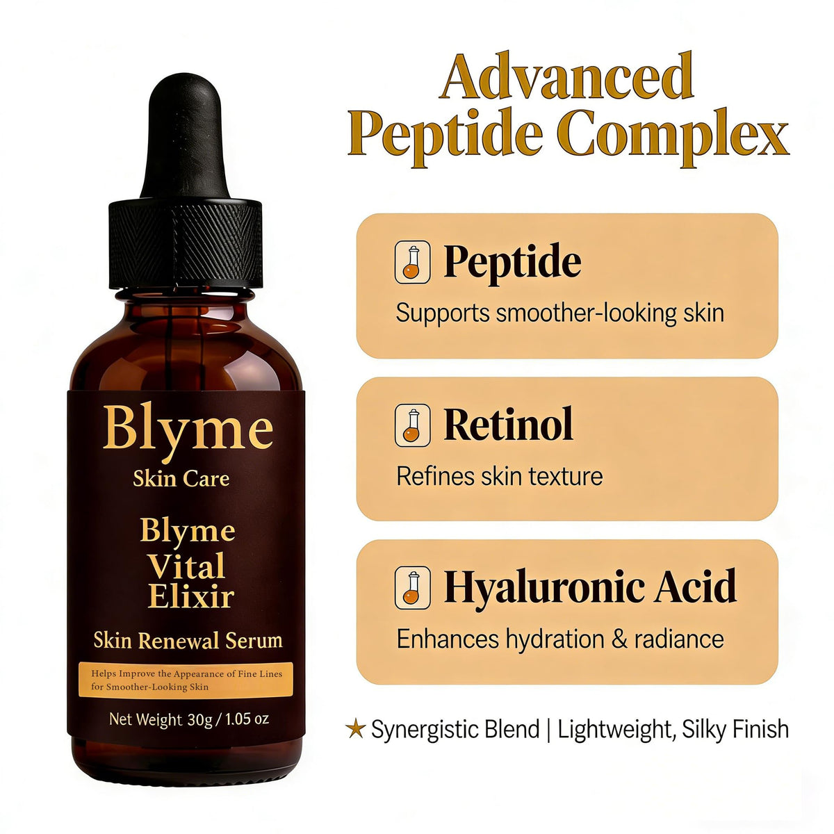DFTLUUE product label highlighting peptides, retinol and hyaluronic acid, clarifies active benefits