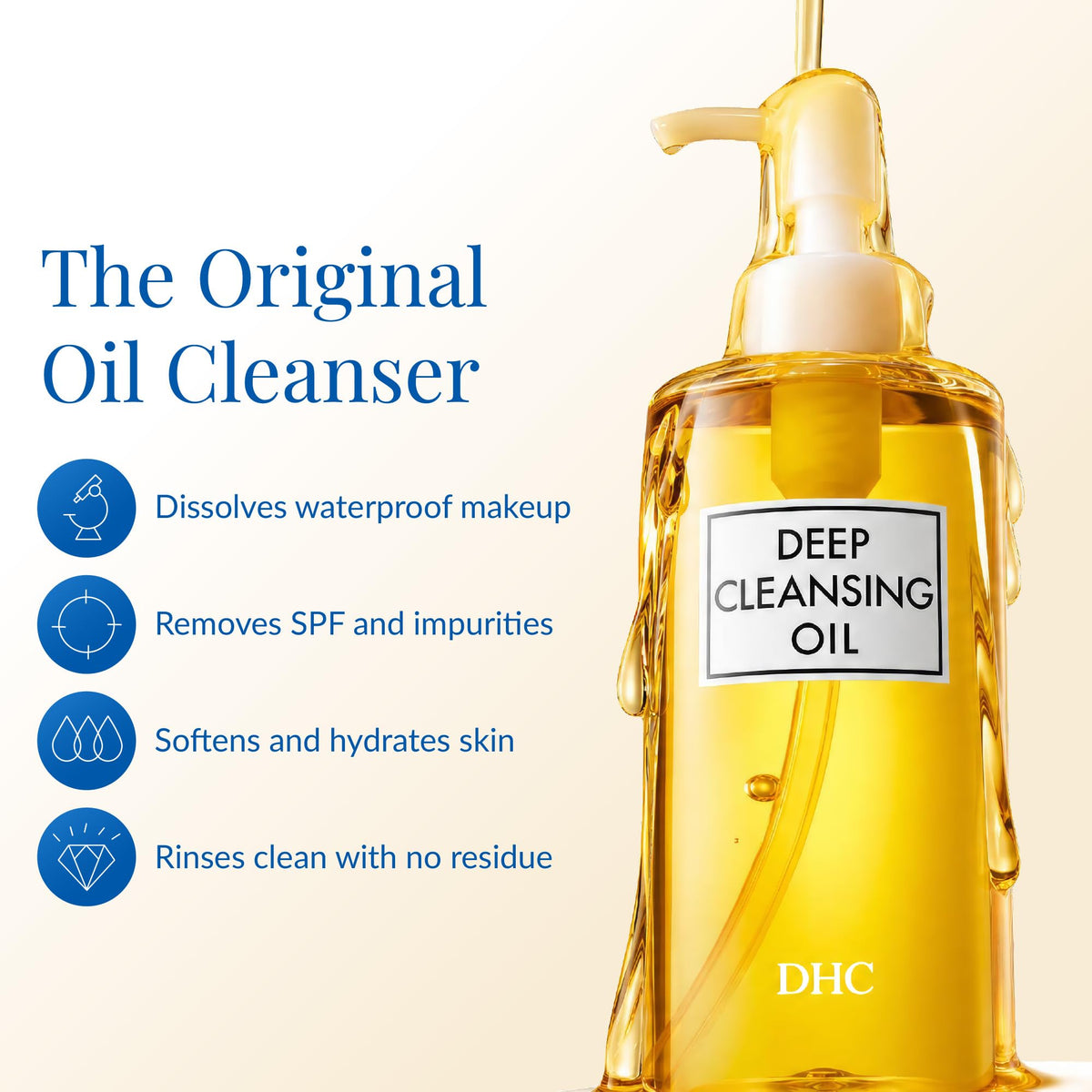 DHC deep cleansing oil pump and label highlighting easy dispensing benefit