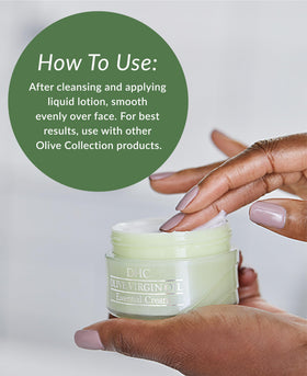 DHC cream held in hand showing 1.7 oz scale and travel-friendly benefit